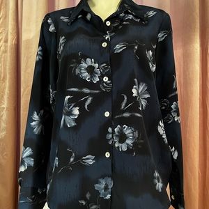 Midnight blue with gardenias, silky feel blouse with Mother of Pearl buttons